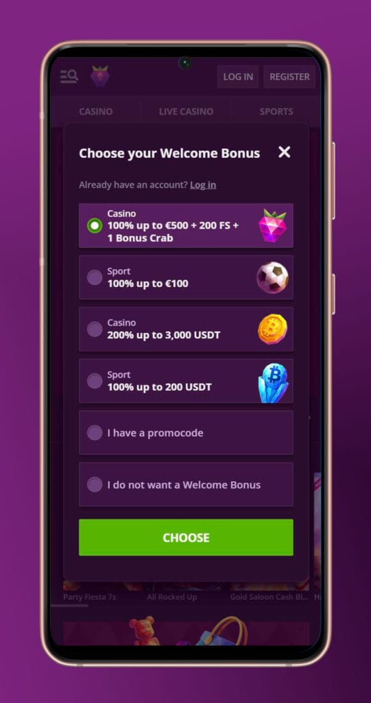choose welcome bonus malina casino
